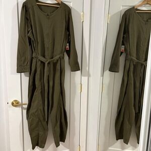 Old Navy Cotton CargoUtility Jumpsuit Olive Green Long Sleeve Belted Pocket XXL
